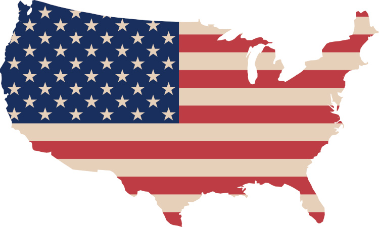Outline of the USA with red and white stripes and a blue square with the 50 stars